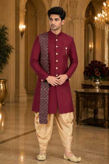 Jhambthreads Maroon Sherwani & Peshawari Pant Set 
