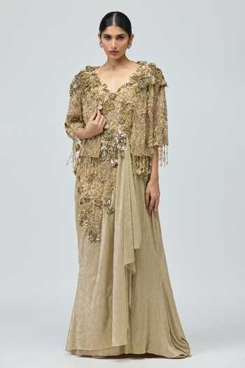 Varun Bahl Crushed Mono Net Dress & Cape Set 