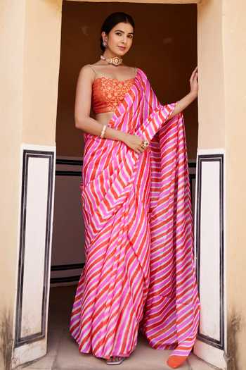 Geroo Jaipur Lehriya Pure Tussar Silk Saree Set