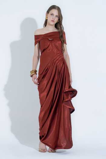 NA-KA Off Shoulder Silk Gown With Detachable Overlay 
