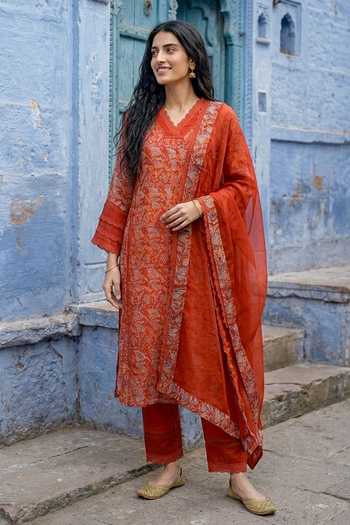 Missprint Hand Block Print Organza Kurta Set 