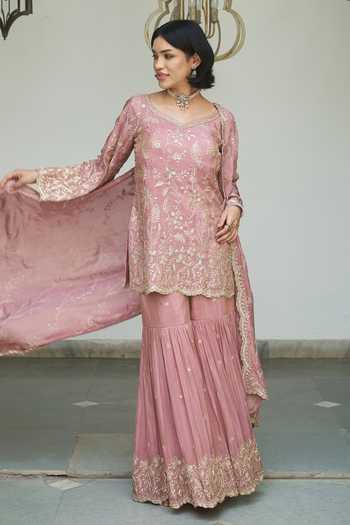 Meenagurnam Embroidered Kurta Gharara Set 
