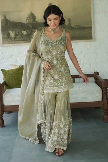 Meenagurnam Embroidered Kurta Gharara Set 