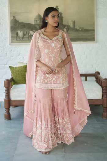 Meenagurnam Floral Embroidered Kurta Gharara Set 