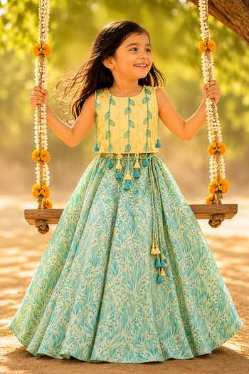 MI Dulce AN'YA Mint Leaf Tassel Lehenga & Top Set 