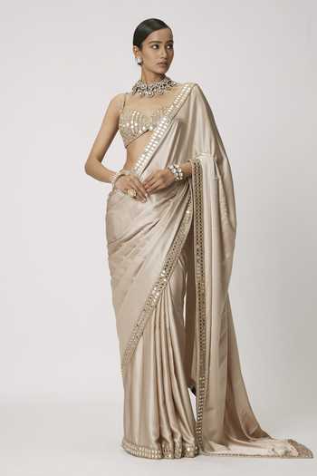 Vvani by vani vats Satin Mirror Embroidered Border Saree With Blouse 
