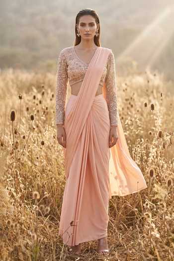 Basanti Kapde aur Koffee Sequins Work Blouse & Draped Saree Set 
