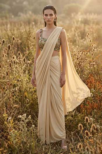 Basanti Kapde aur Koffee Draped Saree & Embroidered Blouse Set 