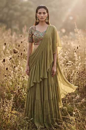Basanti Kapde Aur Koffee Ruffle Draped Chinon Blouse and Saree Set