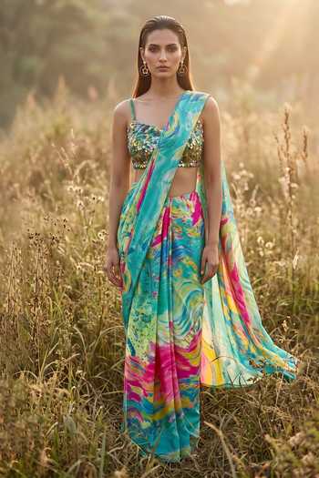 Basanti Kapde aur Koffee Abstract Pattern Saree With Blouse 
