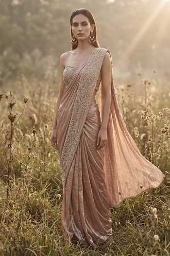 Basanti Kapde aur Koffee Rose Gold Glass Tissue Draped Saree Set 