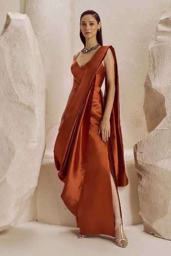 Nirmooha Terracotta Rust Taffeta Saree Gown 