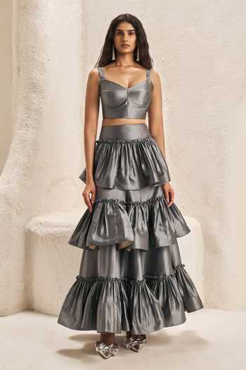 Nirmooha Tierce Metallic Corset & Tiered Ruffle Skirt Set 