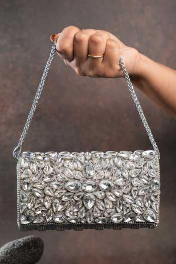 Nayaab By Sonia Diamond Hinted Trifold Silver Clutch Bag 
