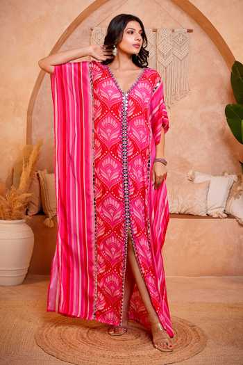 Sajeda A Lehry Saba Red Fan Digital Print Kaftan 