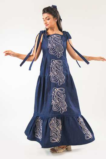 9899 Cord Embroidered Denim Maxi Dress 