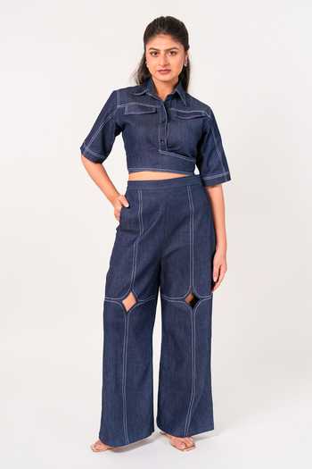 9899 Indigo Denim Crop Top & Pant Co-ord Set 