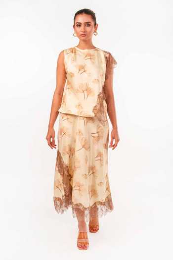 9899 Floral Satin Lace Top & Skirt Co-ord Set 