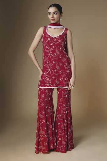 Renee label Red Floral Embroidered Kurta Sharara Set 