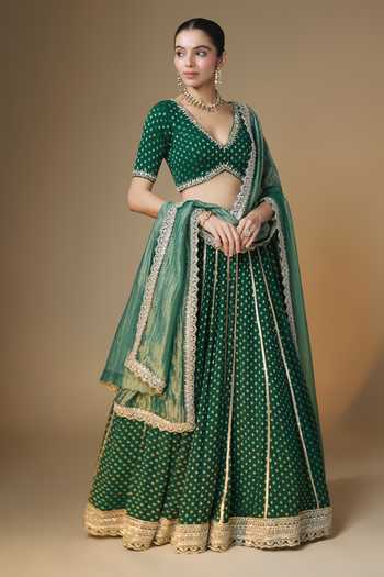 Renee label Emerald Green Banarasi Butti Lehenga Set 