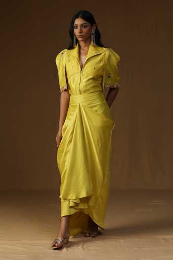Arpita Sulakshana Rangadevi Lime Shirt & Draped Skirt Set 