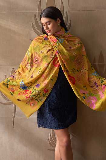 Mauli Cashmere Tropical Bloom Embroidered Stole 