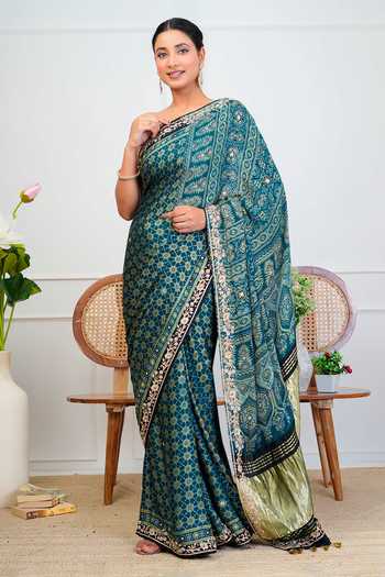 Geroo Jaipur Ajrakh Print Saree With Blouse 