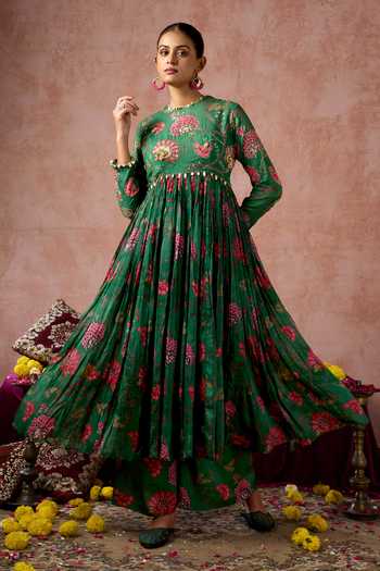 Arje India Floral Print Gathered Anarkali & Pant Set 