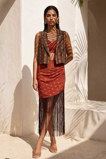Nautanky Dancing Fringe Brown Printed Skirt Set 