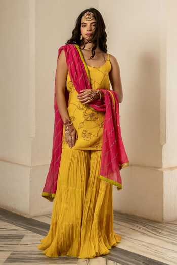 Nimbu Mirchi Iqra Chanderi Embroidered Kurta Sharara Set 