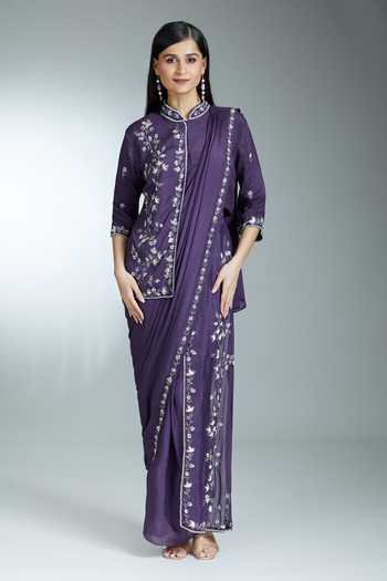 Samyukta Singhania Floral Bead Embroidered Pre-Draped Saree With Jacket Blouse 