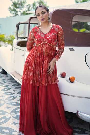 House Of Akshata Crimson Grace Peplum Top & Sharara Set 