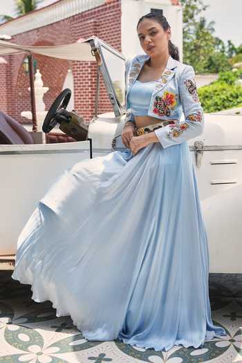 House Of Akshata Sky Bloom Embroidered Jacket Lehenga Set 