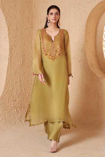 Label Niti Bothra Mehrang Olive Green Kurta & Pant Set 