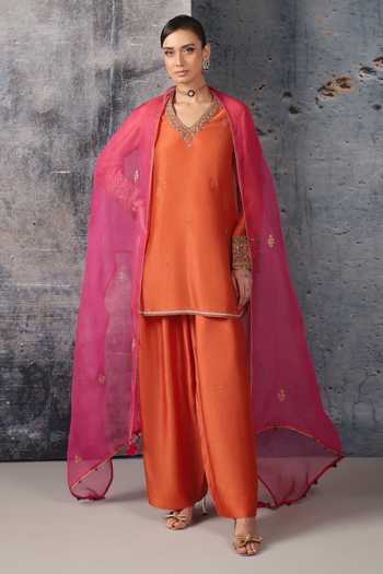 Label Niti Bothra Mehrang Orange V Neck Short Kurta Set 
