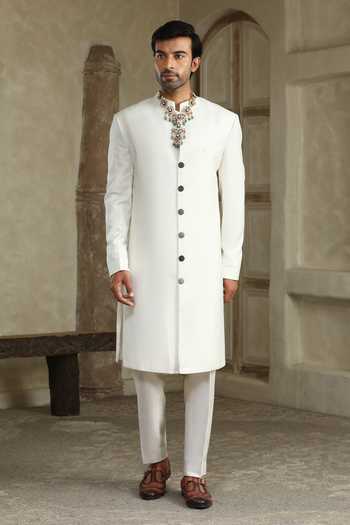 Kudrat Couture Shwet Raj Plain Sherwani Set 
