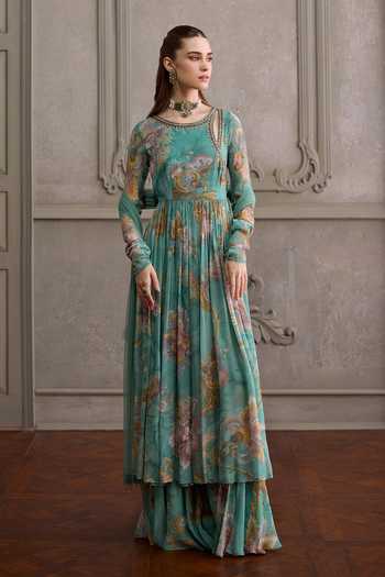 Kalista Navyha Floral Placement Print Angarkha Set 