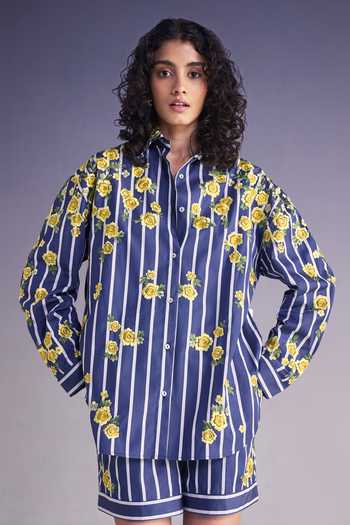 Dash And Dot Floral Embroidered Stripe Shirt & Shorts Set 