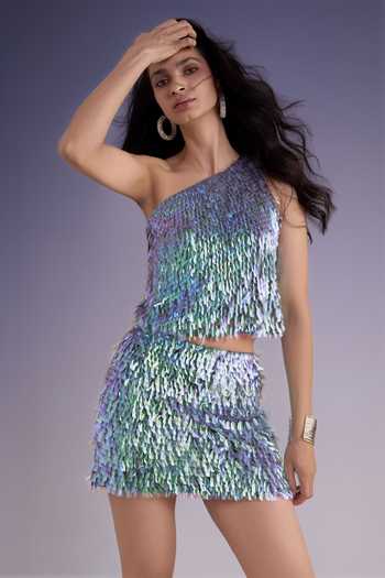 Dash And Dot Iridescent Paillette One Shoulder Top With Skirt 