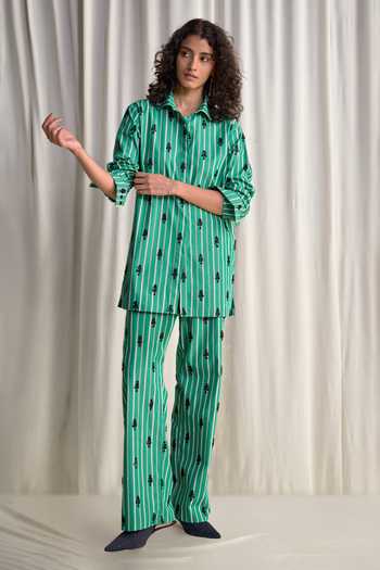 Dash And Dot Motif Bead Embroidered Stripe Shirt & Pant Set 