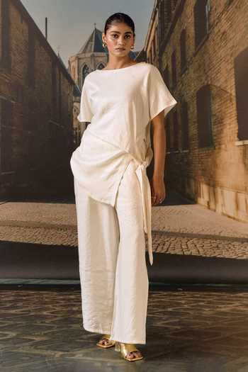 Maison Aguise Ecru Draped Top & Pant Set 