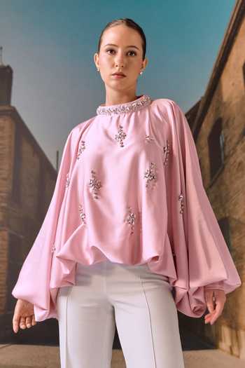 Maison Aguise Crystal Embellished Silk Satin Kaftan Top 