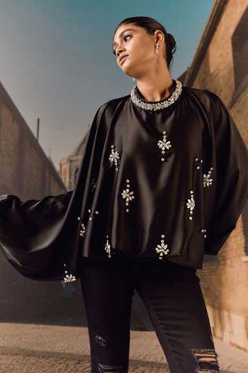 Maison Aguise Black Crystal Embellished Kaftan Top 