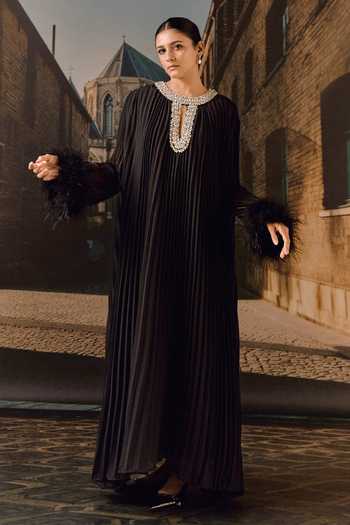 Maison Aguise Crystal & Ostrich Feather Detailed Pleated Kaftan 
