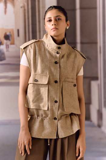 Maison Aguise Beige Linen Twill Utility Vest