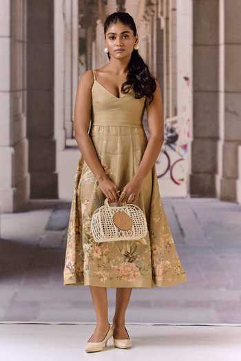 Maison Aguise Olive Forest Print Linen Midi Dress 