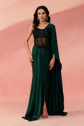 Label Moni K Emerald Pre-Draped Saree With Embellished Corset 