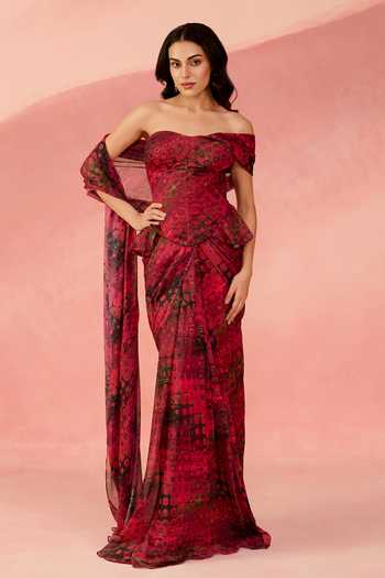 Label Moni K Mosaic Print Pre-Draped Saree With Blouse 