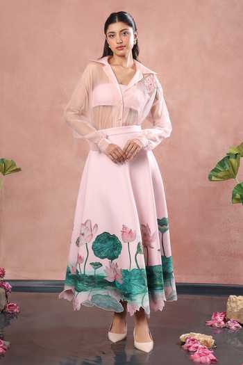 Ozeqo Udaipur Printed Skirt Set With Sheer Overlay 