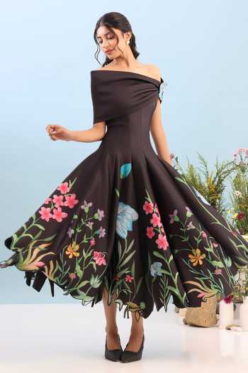 Ozeqo Printed Dress With Detachable Draped Wrap 